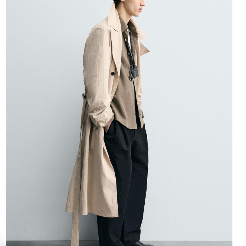 Zara Men's Oversized Fit Trench Coat Crinkle Tan Lightweight NWT S-M Size - Picture 6 of 14